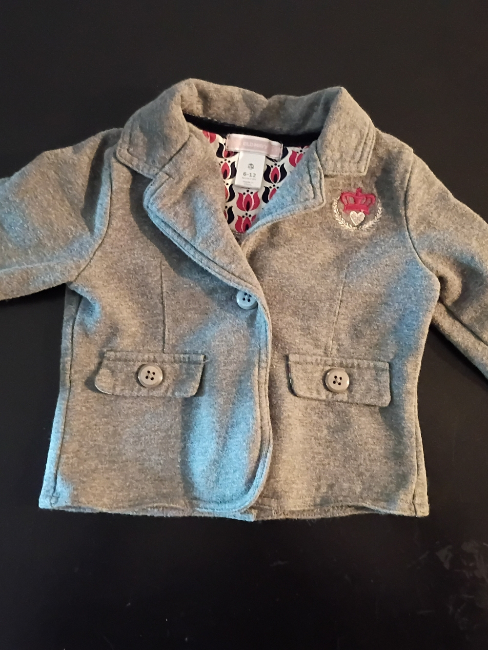 Old Navy Baby Girls Gray Fleece Knit Blazer Jacket Crown Heart Embroidery 6-12M